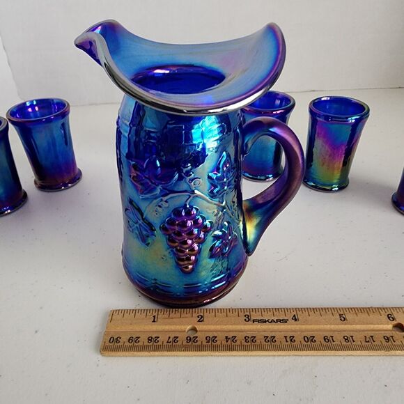 Vintage Gibson Carnival Glass Pitcher Glass Set Miniature Blue Irridecent 1996 - Picture 12 of 12